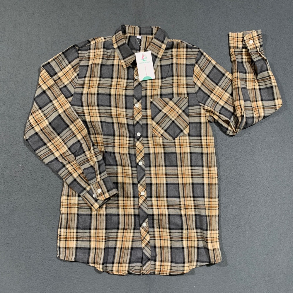 CROMONCENT Flannel Shirt Mens Small Gray Tan Plaid Long Sleeve Button Up New